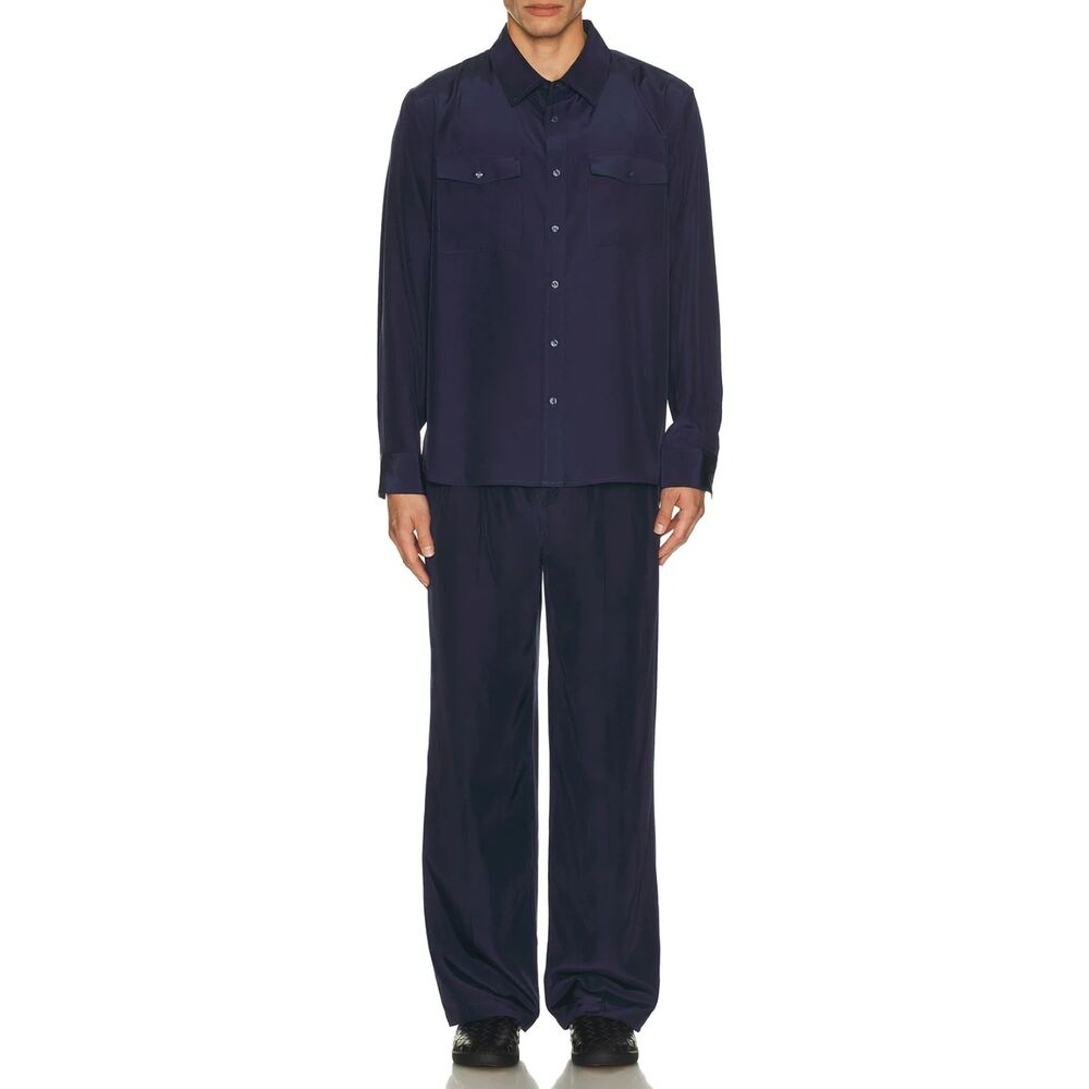 SIMKHAI Shirt Mens Large Navy Button Up Silky Niall Relaxed Fluid Midnight $395